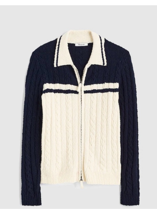 Madewell Sweaters - Madewell Cable-Knit Zip Cardigan. Navy and Cream. Medium. NWT.